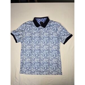 Like No Other Blue Geometric Print Polo Shirt Black Collar Size L